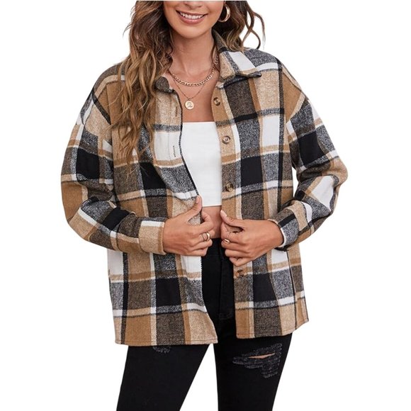 Shirt Jacket Womens Size Small  Tan Plaid Shacket Button Up - Picture 1 of 12